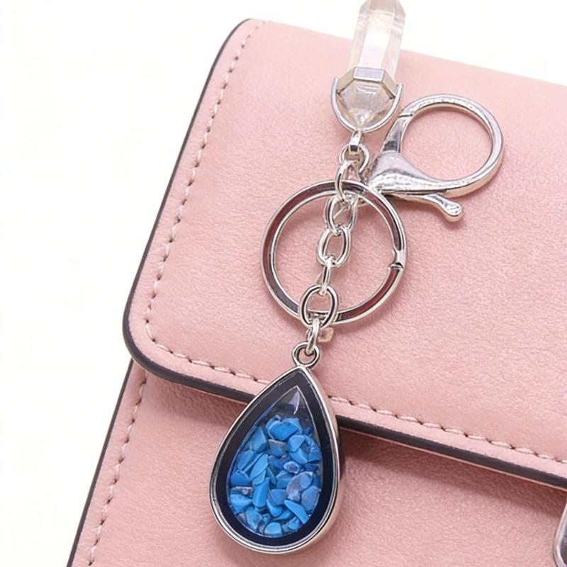 Natural Stone Crystals Teardrop Shape Photo Locket Keychain Featuring Diamonds Cut Designs for Sentimental Gifts