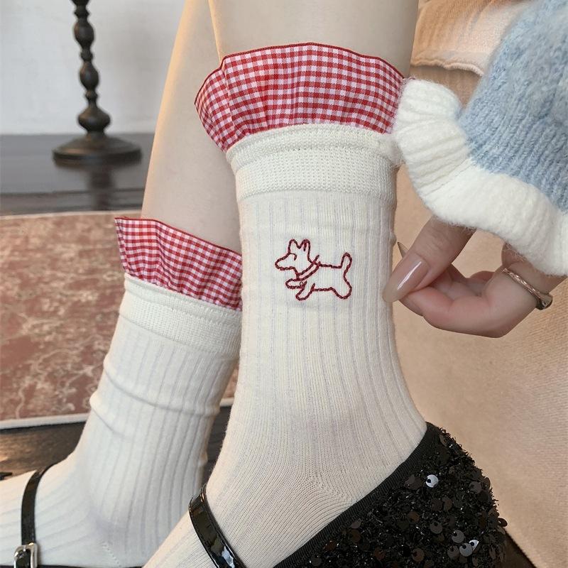 Checkered Puppy, White Socks, Girls' Lace, Cute Long Socks, Spring and Autumn Cartoon Academy Windbreaker Socks
