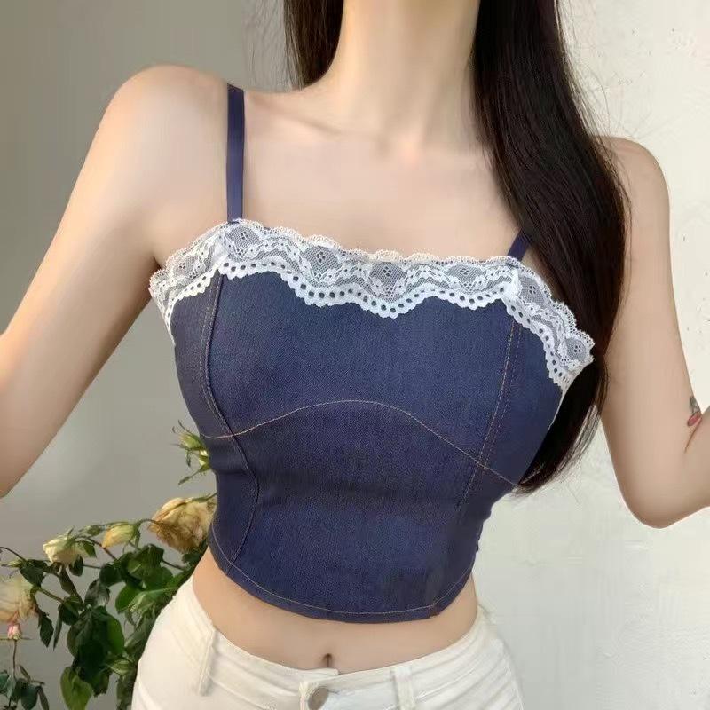 Hong Kong Retro Spliced Lace-Trim Denim Bustier Top for Women