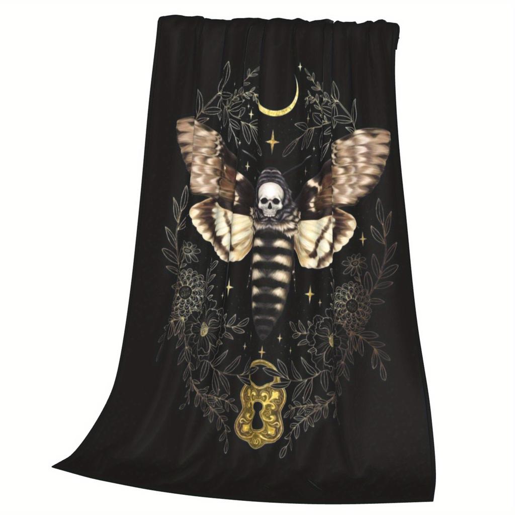 Gothic Skull Moth Print Flannel Throw Blanket Soft Warm All Season for Sofa Bed Camping Travel Ideal Gift