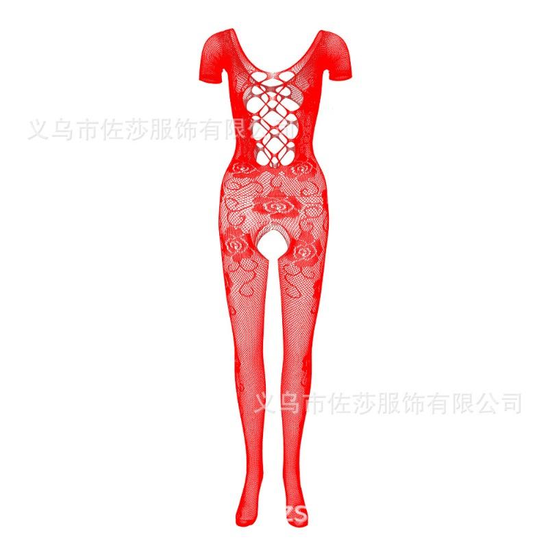 Sex clothes Mesh onesie Rose jacquard nylon open-file short-sleeved backless tights