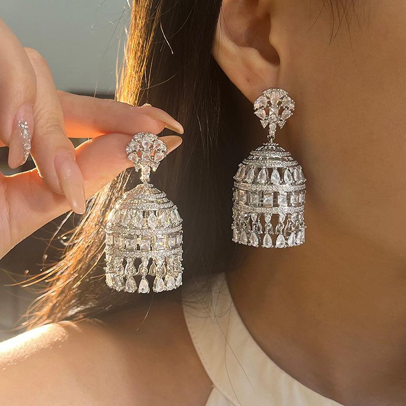 Multi-Tier Hollow Bell Shaped Jhumka Earrings Mixed Marquise & Square Cubic Zirconia Vintage Ethnic Banquet Ladies Accessories