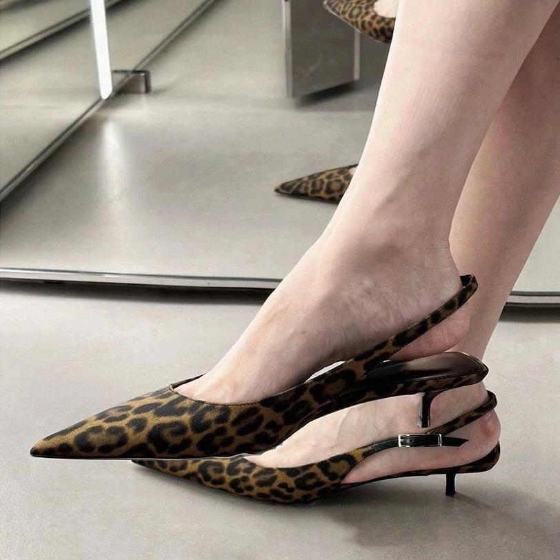 Sheepskin Version~ French Leather Cat Heel High Heels Women's New Pointed Leopard Print Shoes High Heel Sandals Muller Cool Slippers