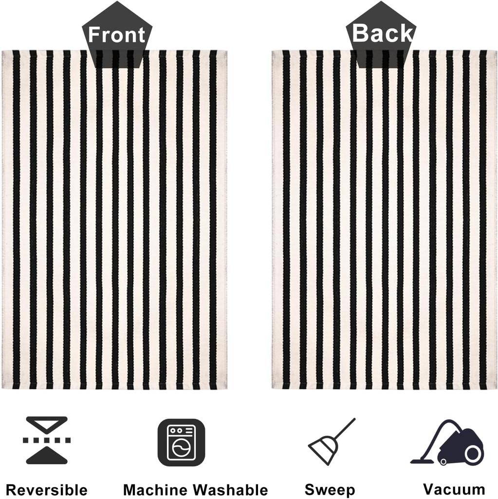 Door Mat Cotton Washable Black White Stripe 70x110cm