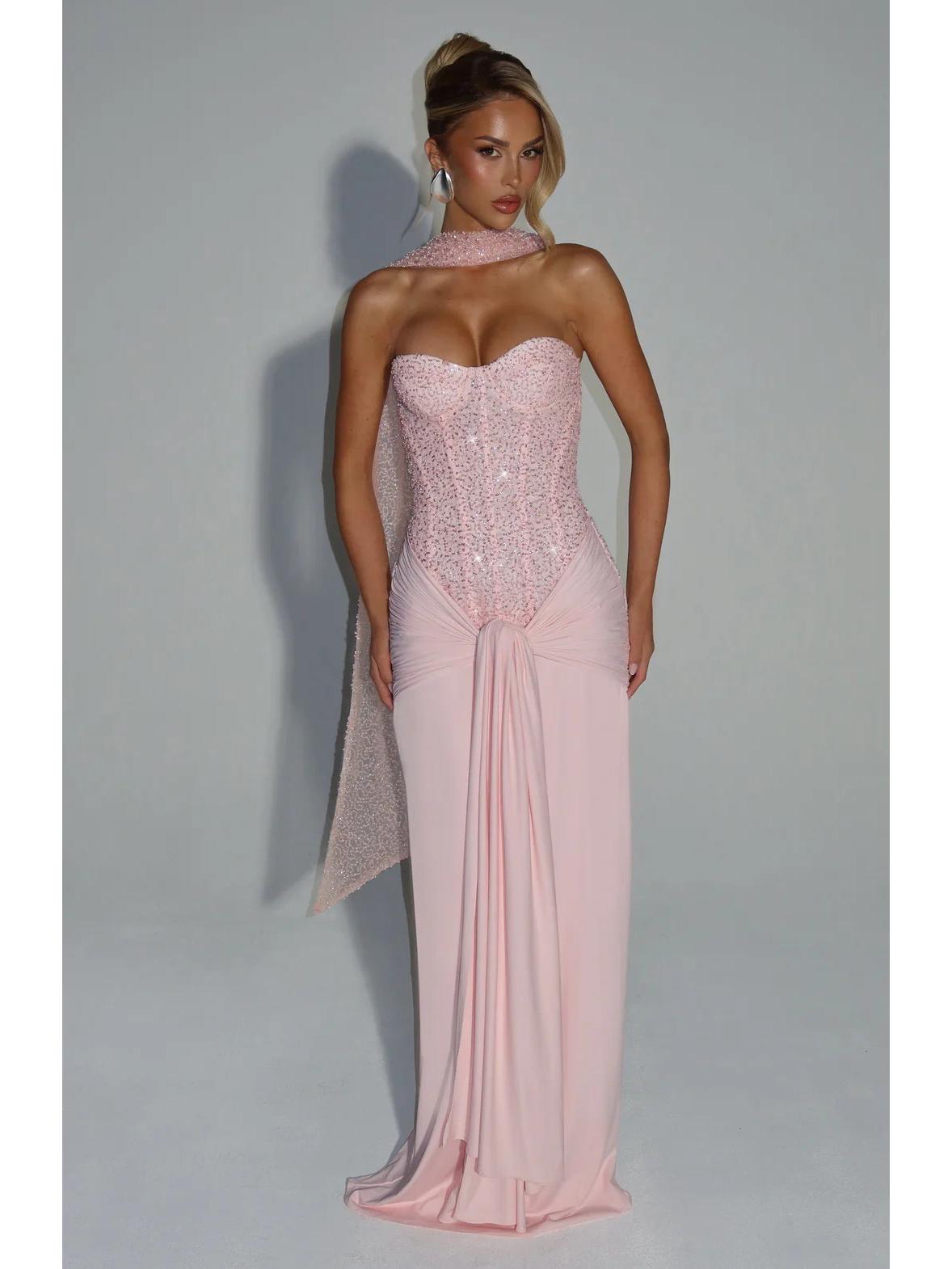 

Elegant European & American Spring/Summer Women s Slim Fit Formal Dress with Deep Plunging Neckline, Sequins, Zipper, and Pleated Design Medium рожевий