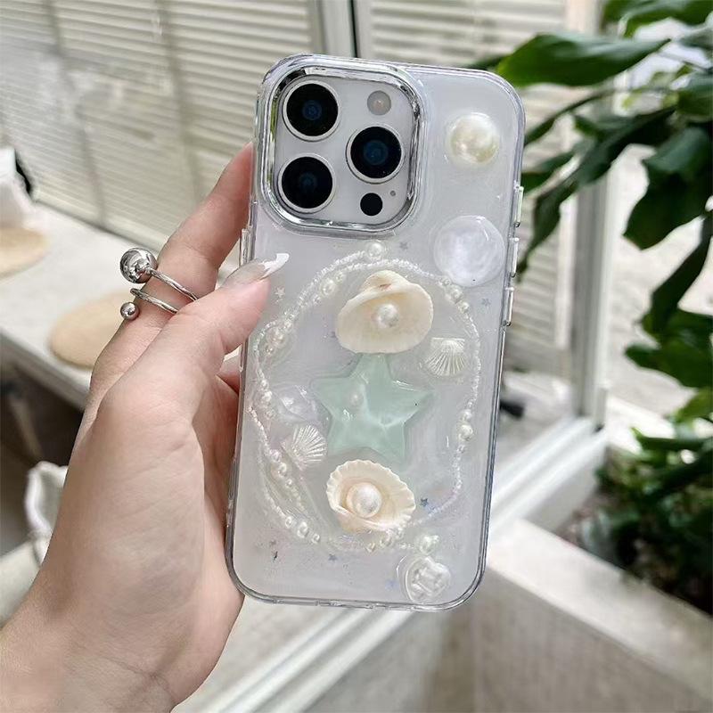 

Pearl Shell Mobile Phone Case For Iphone17Promax Glitter Apple 16 Transparent 15Plus Star Sequins iPhone 17Promax