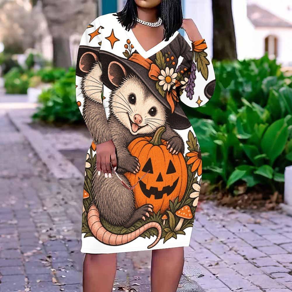 Women Plus Size V Neck Long Sleeve Fitted Halloween Sloth Pumpkin Printed Straight Hem Dress