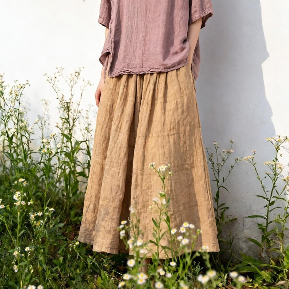 Johnature Women Skirts Summer Chinese Style Elastic Waist Jacquard Soft Female A-Line Loose Skirts