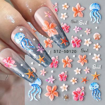 Nagelkunst-Aufkleber, Relief 5D Dreidimensional Sommer Meereswind Seestern Qualle Klebe-Nagelaufkleber