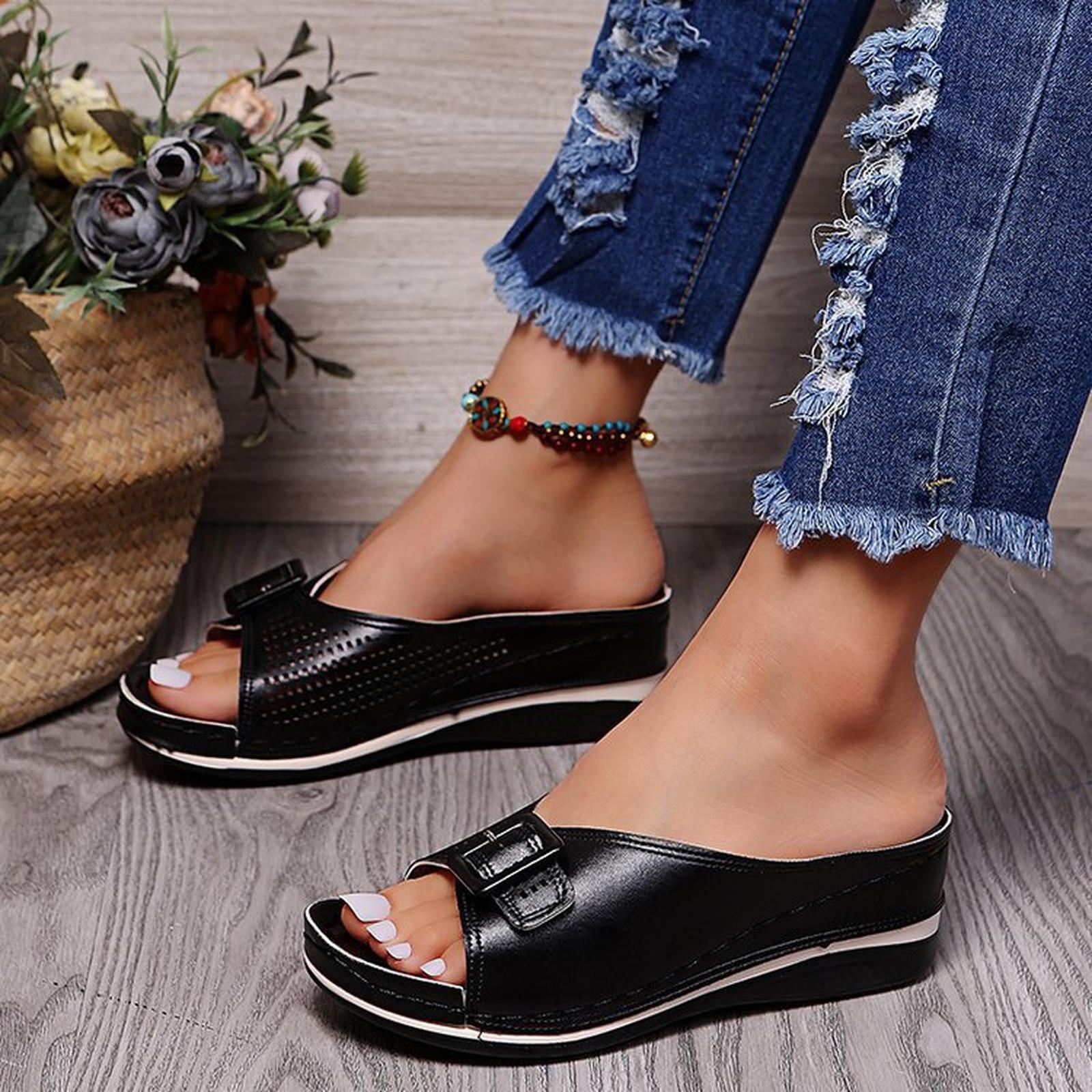 Women s Plus Size Sandals Summer Belt Buckle Fashion Slides 42 чёрный 1790₽