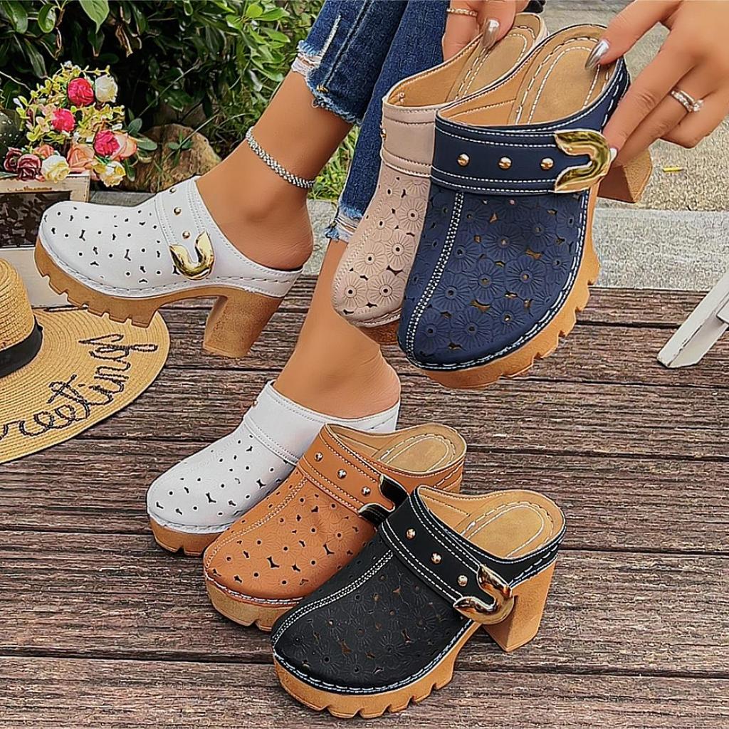 Retro Pastorale Holle Blokhak Mules met Metalen Gesp