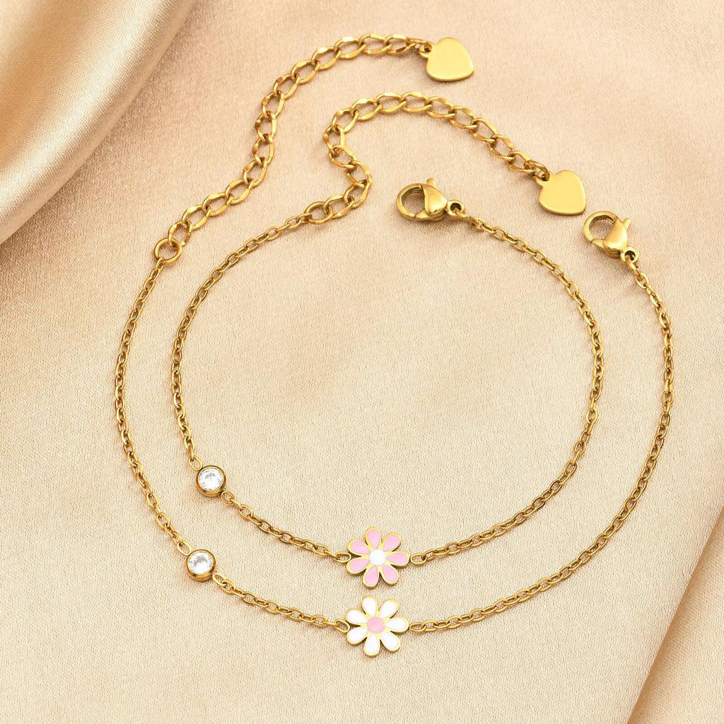 Minimalist Enamel Daisy Flower Bracelet, 18K Gold Plated Stainless Steel, Waterproof Dainty CZ Charm Jewelry Gift
