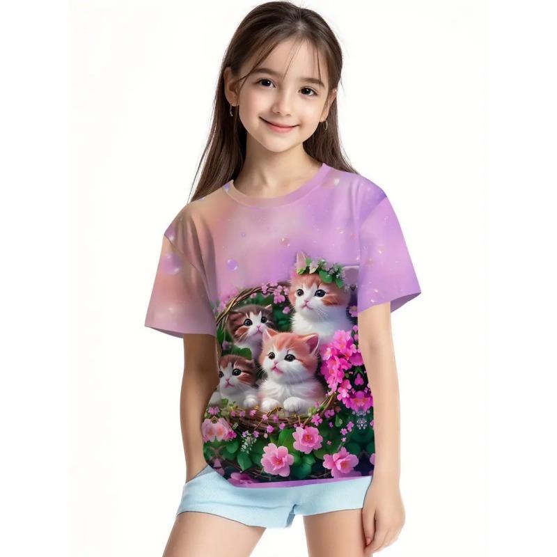 T-Shirts für Kinder Niedliche Katze 3D-Druck Sommer Lässig Cartoon-Muster Kurzarm-T-Shirts Outdoor Schlicht