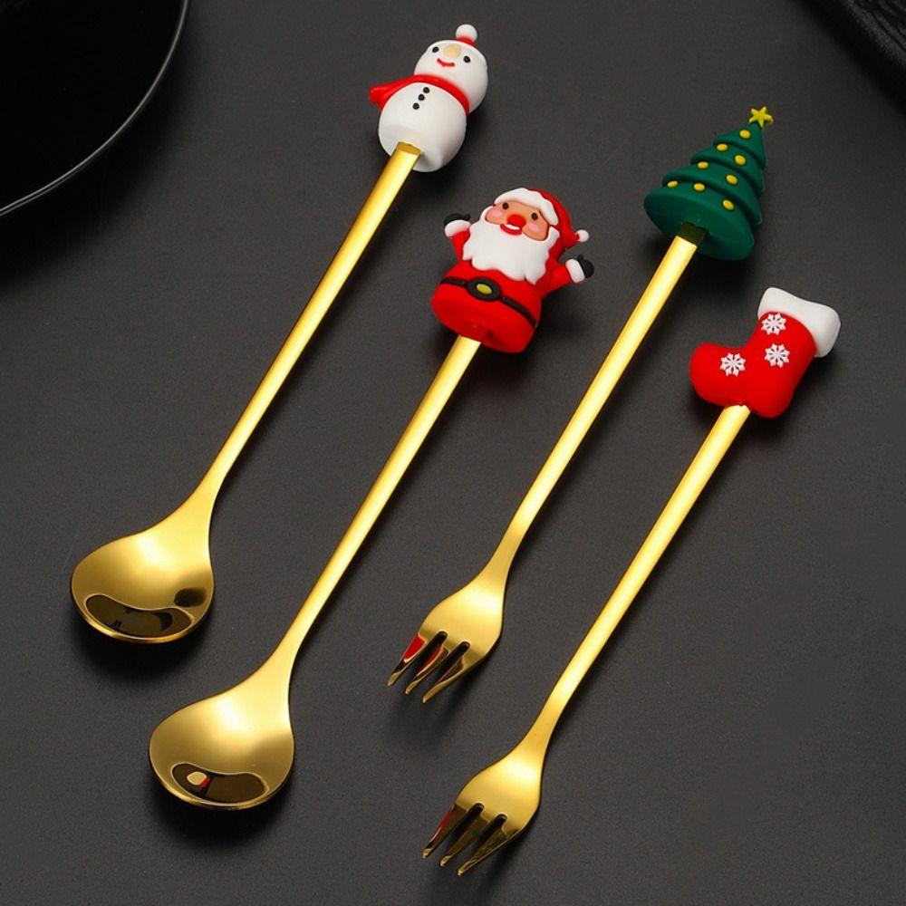 Mirror Polished Stainless Steel Spoon Set Tree/Star/Santa Motifs Mini Dessert Spoons  New Year