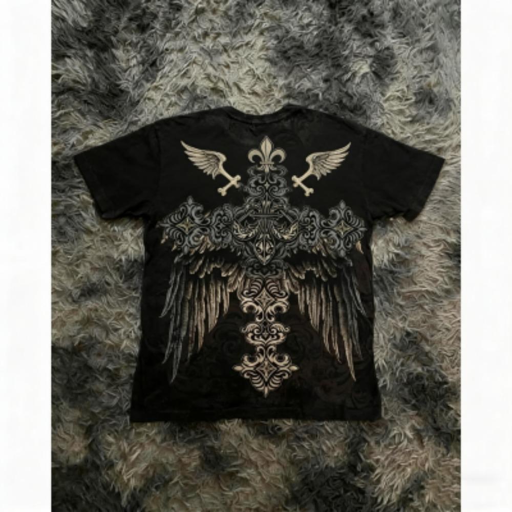 Fashion Summer Kids T-shirt Gothic Vintage Cross Wing Print Tees Round Neck T-shirt Outdoor Street Style Top Casual Boy and Girl's Clothing