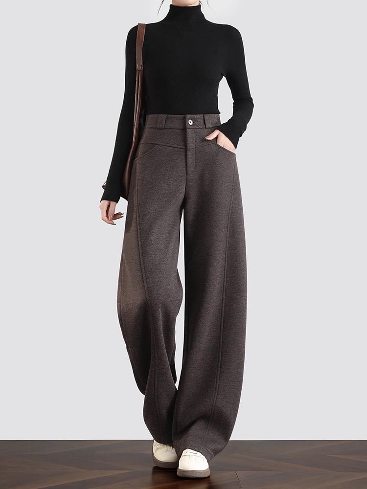 

Melanoid Coffee Brown Wide-Leg Wool Pants for Women - Spring Casual Straight Cut L (Weight 106-115 lbs)
