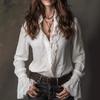 1116 European and American New Solid Color Thin Hollow Splicing Horn Sleeve Lace Women's Long-sleeved Shirt