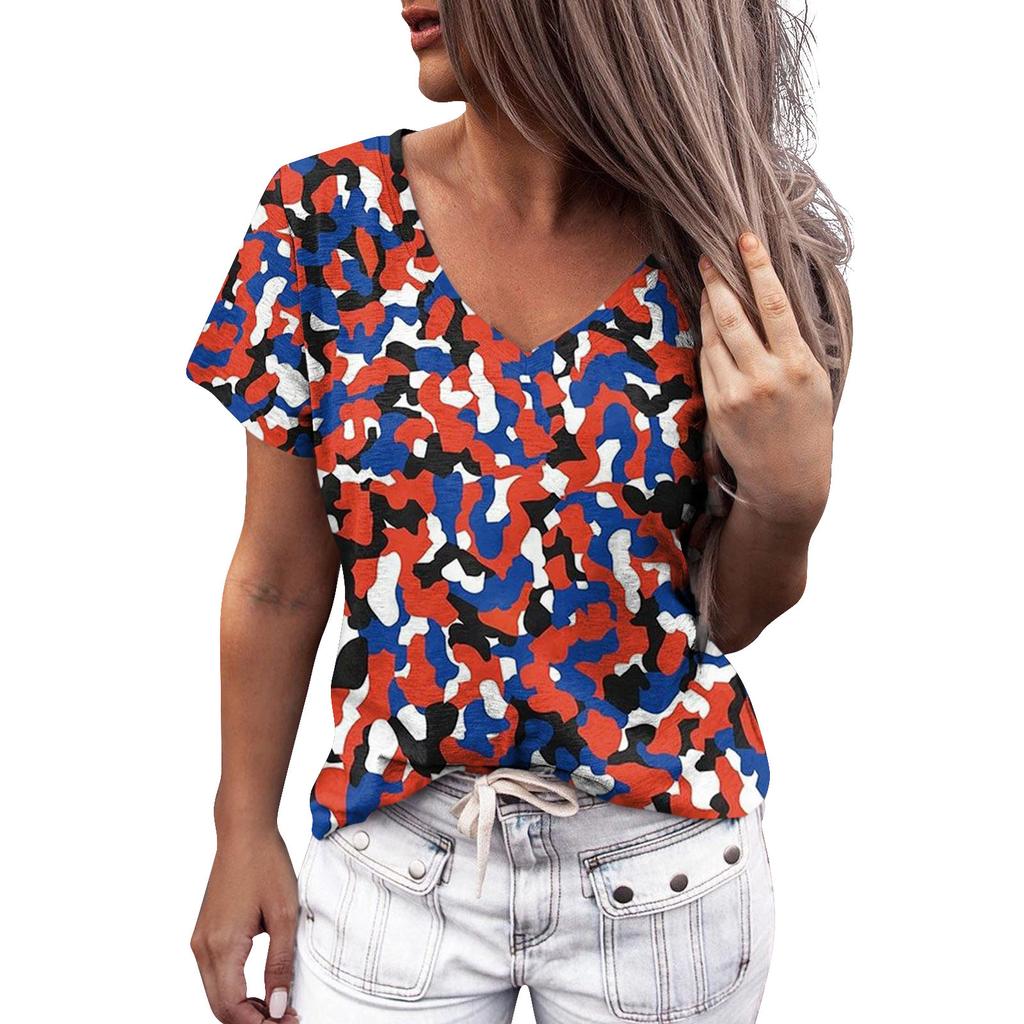 Summer Women Floral Print V Neck Short Sleeve Loose 3D T Shirt