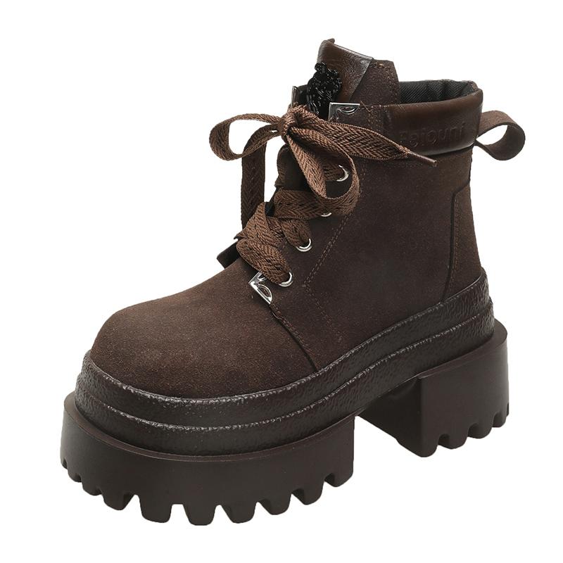 Women Autumn Winter Leather Ankle Boots 9CM Chunky Heels Motorcycle Boots Woman Thick Bottom Lace-up High Platform Short Booties