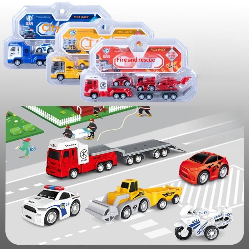 Plastic Fire Truck Model Toy Set for Kids Engineering Construction Pull Back Car Creative Educational Gift for Boys Birthday