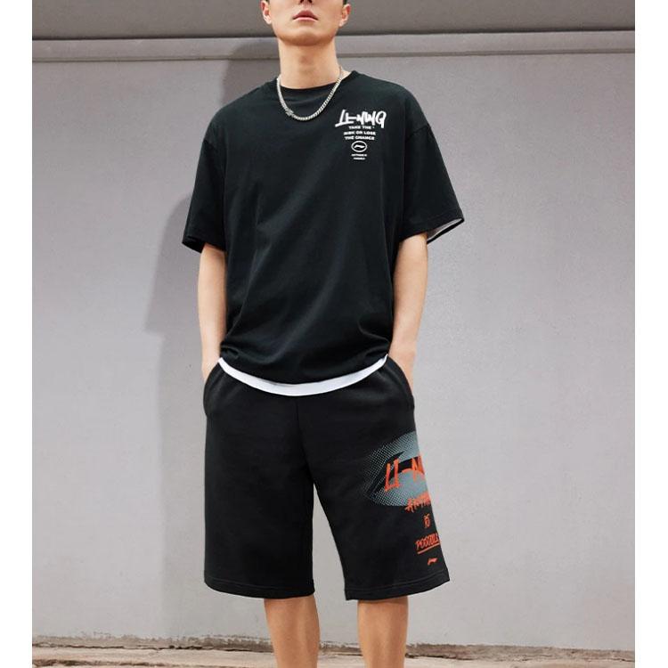 Li-Ning Sports Fashion Series Logo Print Mid-Waist Summer Elastic Fitted Breathable Sports Shorts Men Bottoms Black AKST591-2