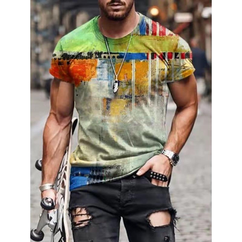 Summer Round Neck 3D Gradient Print Top Fashionable Casual Short Sleeved Men's T-shirts