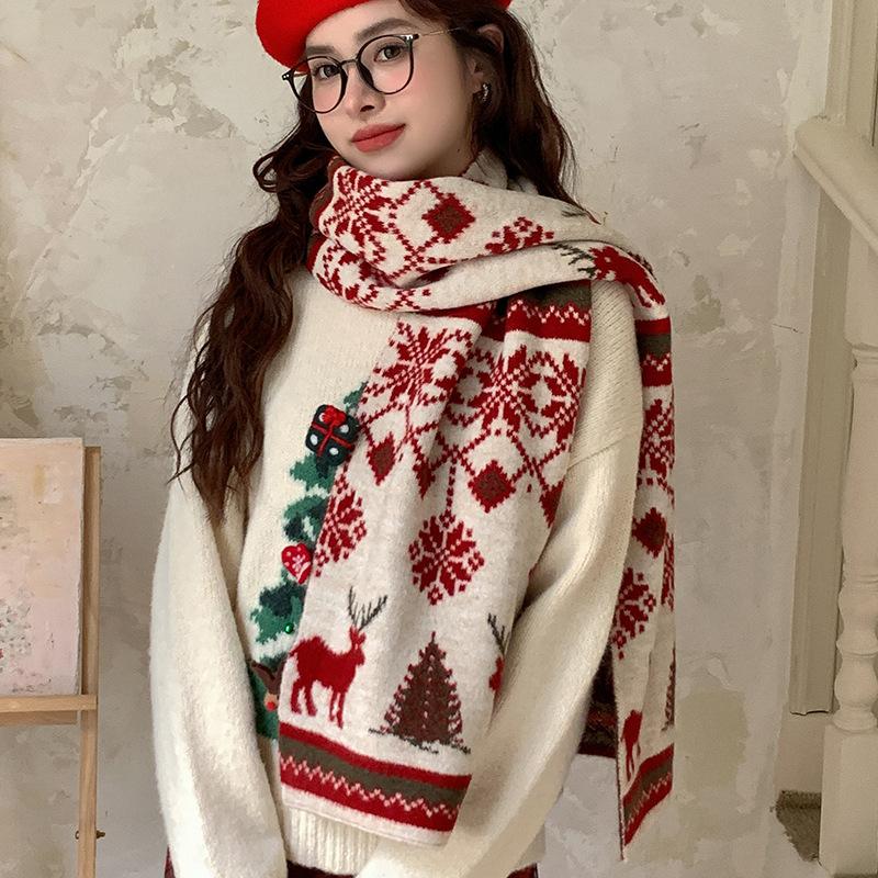 Red Christmas tree deer new knitted scarf women keep warm winter atmosphere holiday gift wool scarf men
