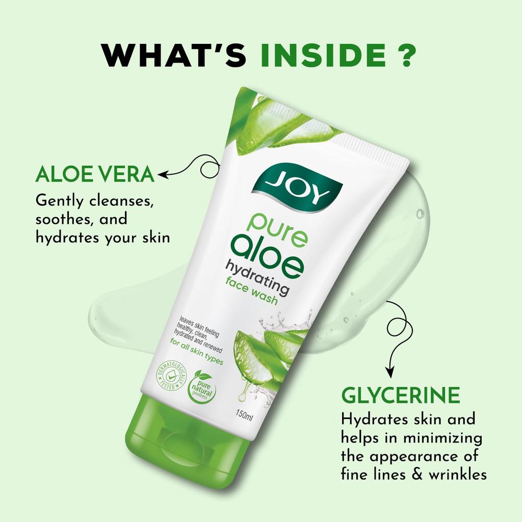JOY Hydrating Aloe Vera Face Wash For Summers 150ml Non Drying Cooling Gel Cleanser Removes Dirt Controls Oil For Men And Women