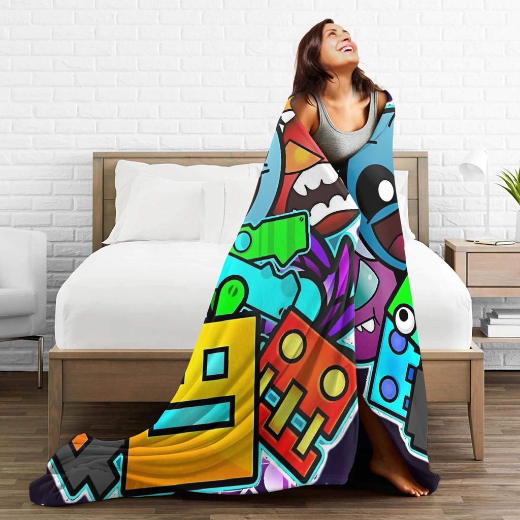 Warm BlanketStudents Camping Geometry Dash Gaming Game Throw Blanket Flannel Bedspread For Couch Bed Funny Sofa Bed Cover