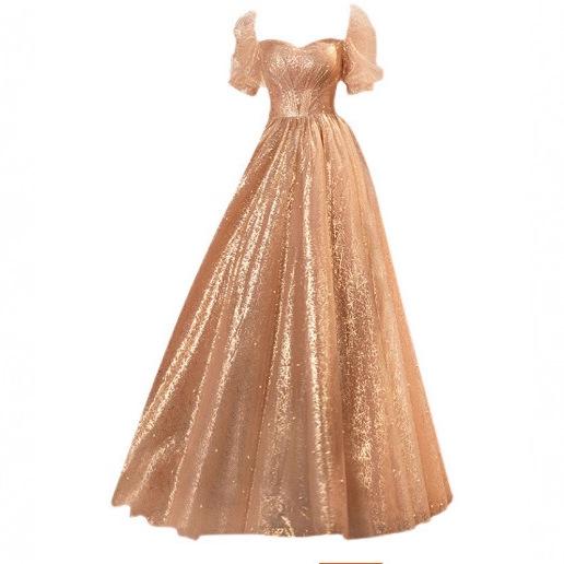 Banquet Evening Dress Gold New Bride Photo Tutu Long Chorus Performance Bubble Sleeve Dress