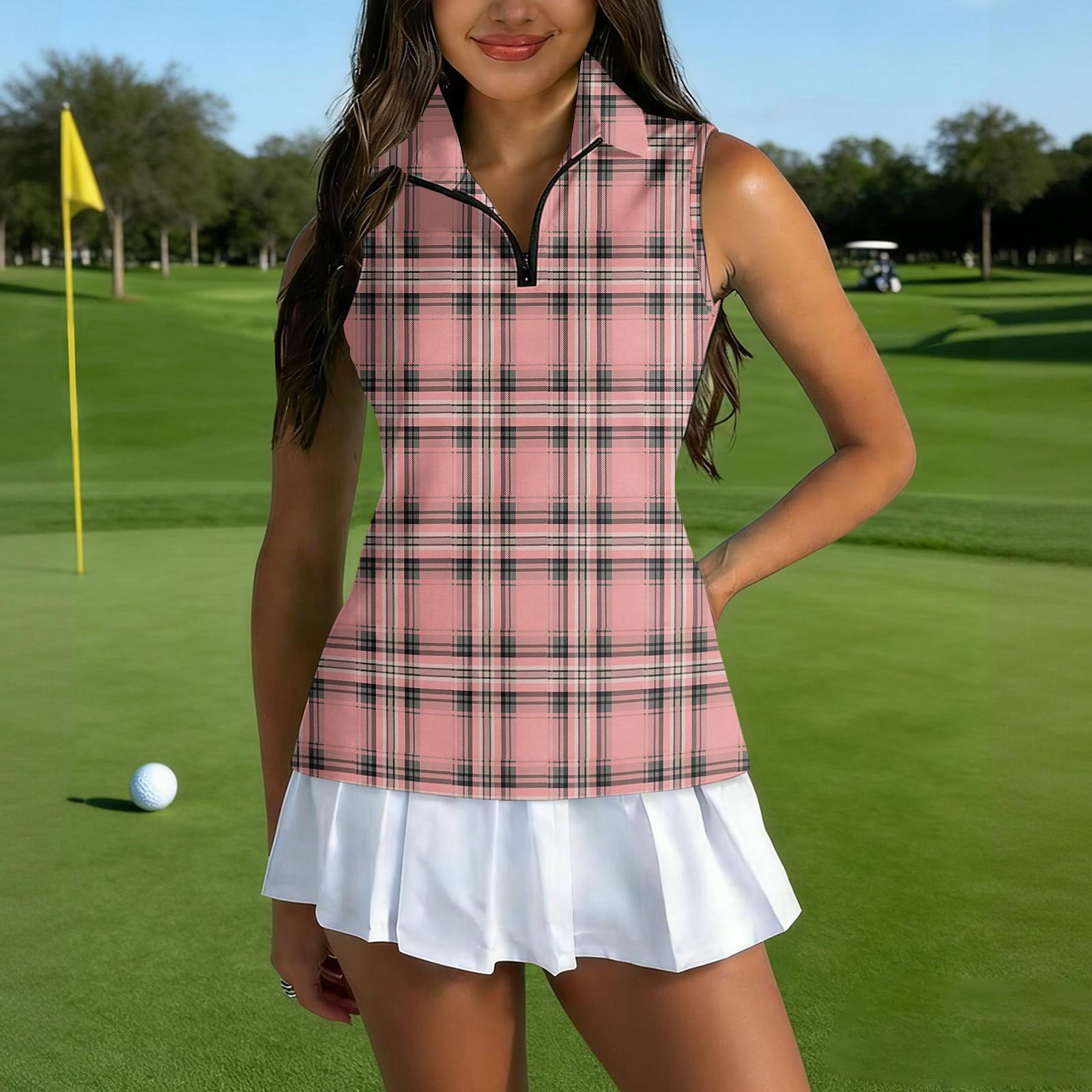 

Women Sleeveless Golf Polo Shirt Zip Collar Plaid Print Athletic Tank Top for Sports Outdoor Exercise Casual Wear XXL рожевий