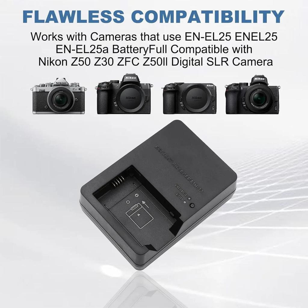 MH-32 Charger for Nikon EN-EL25 Battery: Compatible with Z50, ZFC, Z30, Z50II Cameras.