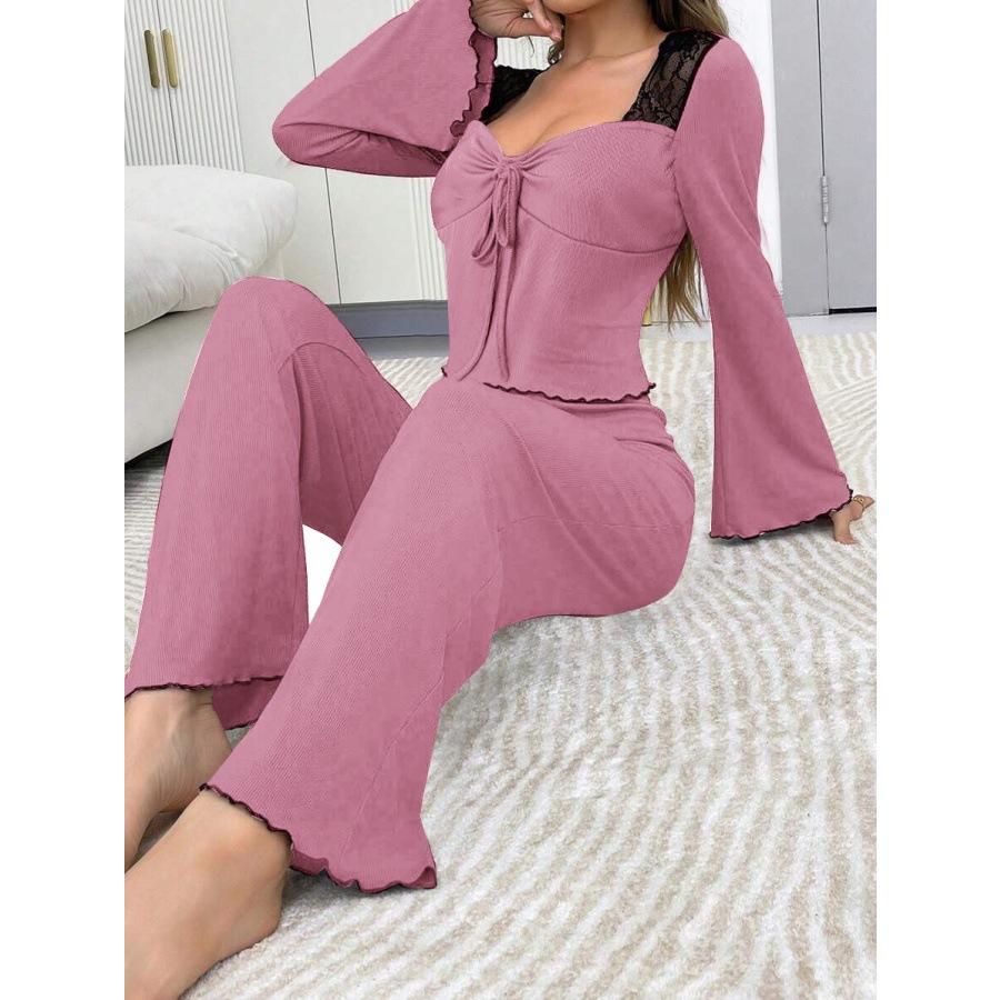 

Spring autumn solid lace Trim Pajamas Set casual sexy Women Cardigan Sleepwear crop Tops and Long Trousers Loungewear Nightwear 1XL