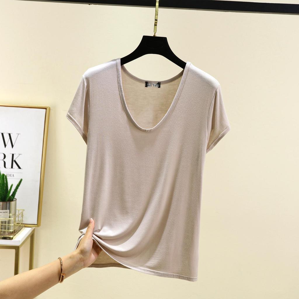 Women's Summer Modal Short Sleeve Oval Neck T-Shirt - Solid Color, Casual, Loose, Slimming, Versatile Top