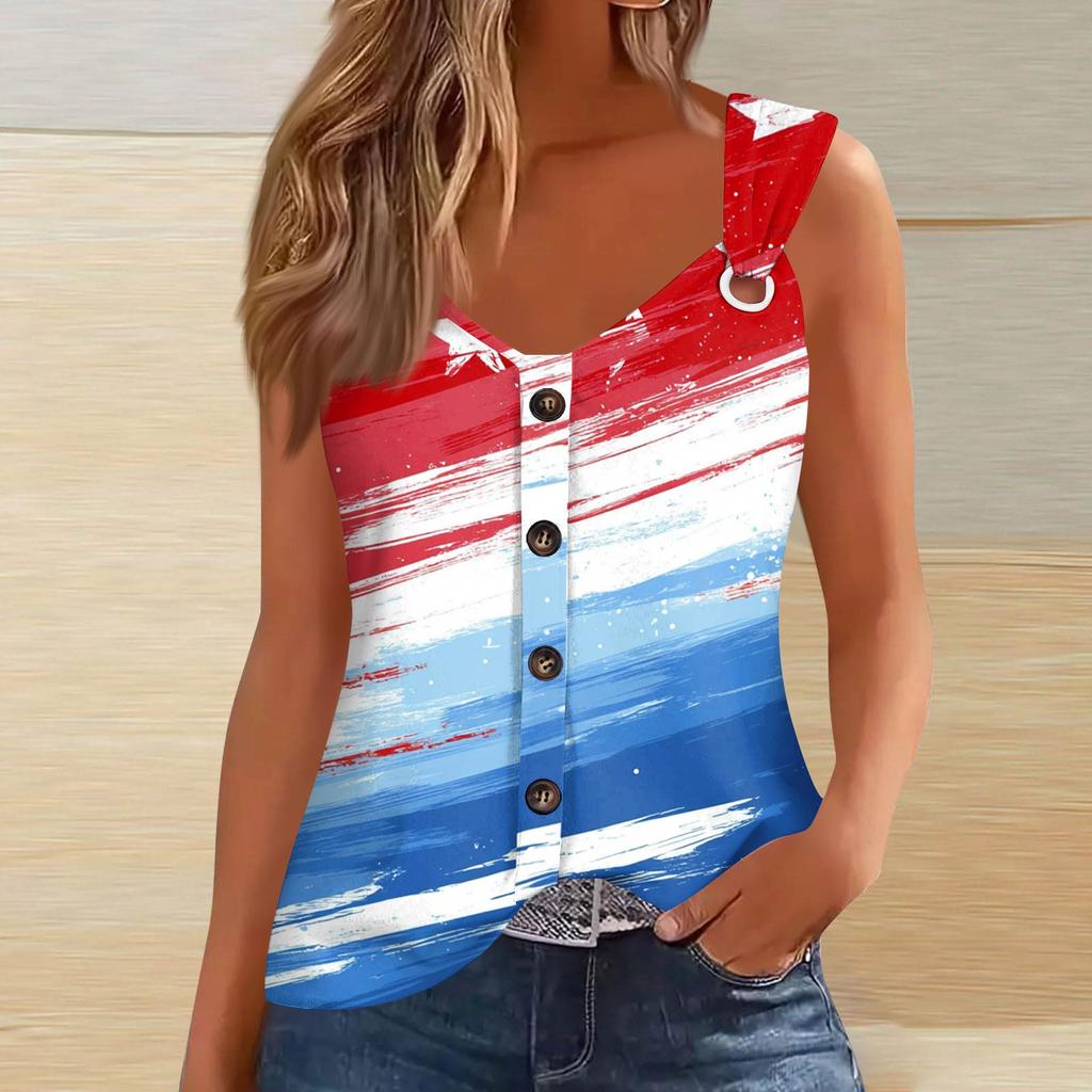 Women's Fashion Casual Loose Sleeveless Buttoned V-Neck Independence Day Printed T-Shirt Top