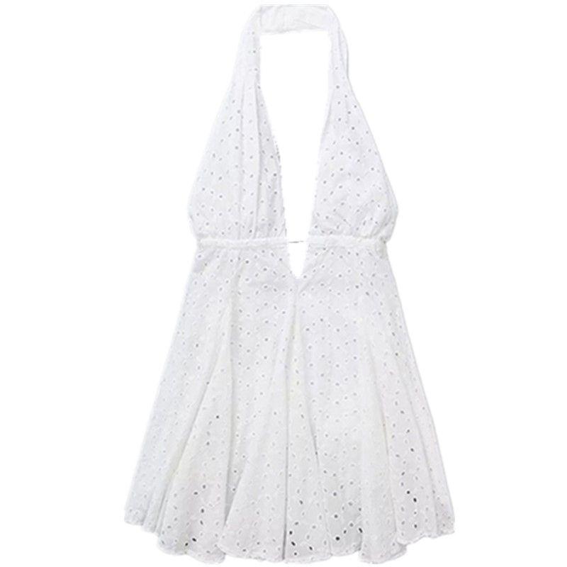 

Fashion Style Summer New Fashion Trendy Women White Hollow-out Embroidery Hanging Collar Dress 4786282 250 White L