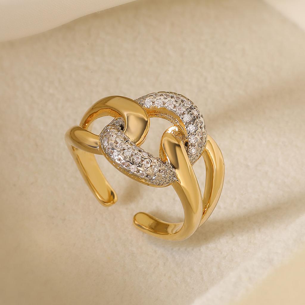 Two-Tone Geometric Open Cubic Zirconia Ring for Women, Adjustable Ins Fashion Jewelry, Minimalist Luxury Gift