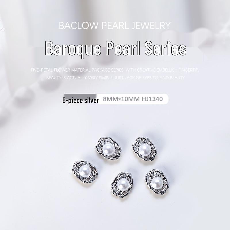 

Vintage Baroque Pearl & Rhinestone Nail Art Jewelry: Gold/Silver Metal 5-Piece Set