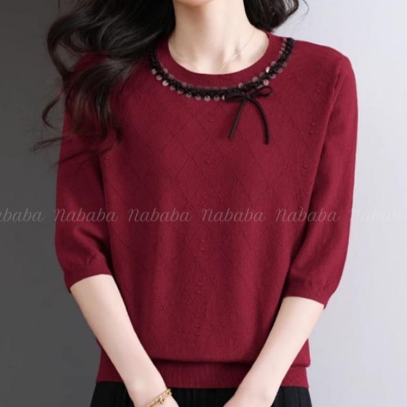 Navava Round Neck Ribbon Point Knit Tee Nk2896