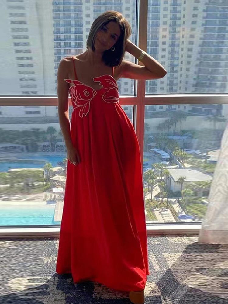 Красная вышивка в форме рыбы Женские платья свободный бретель без рукавов спинки — фото 5