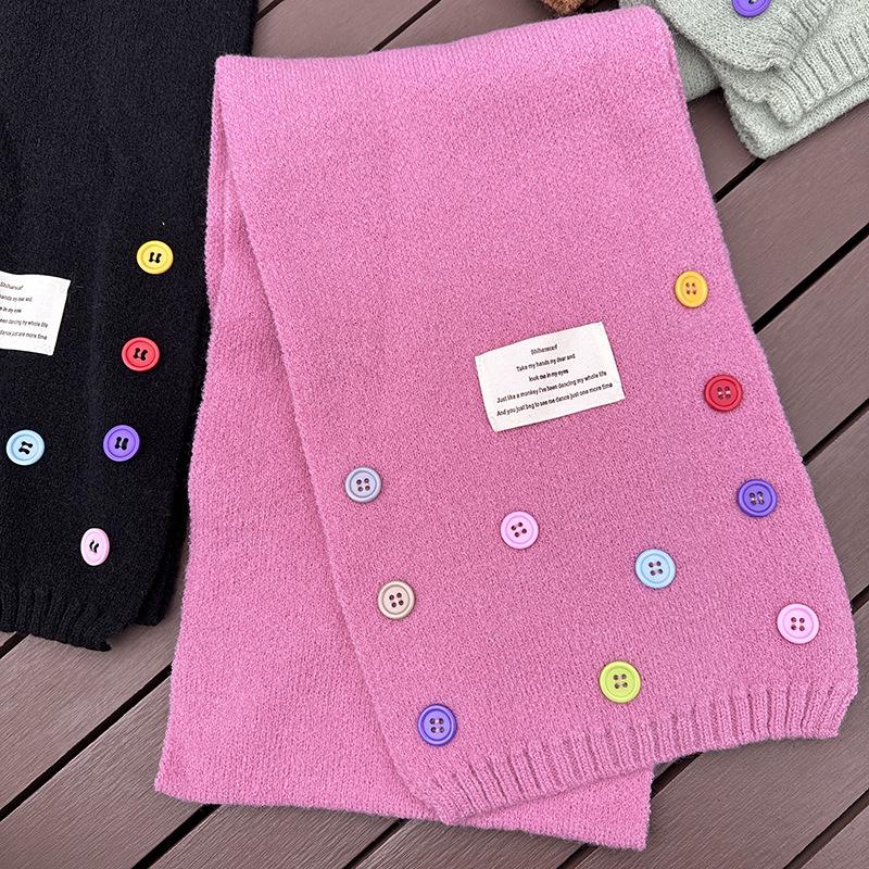Luochi Knitting~Cute Button Korean Style Wool Scarf – Versatile, Thickened Neck Warmer, Solid Color, Sweet Winter Accessory.