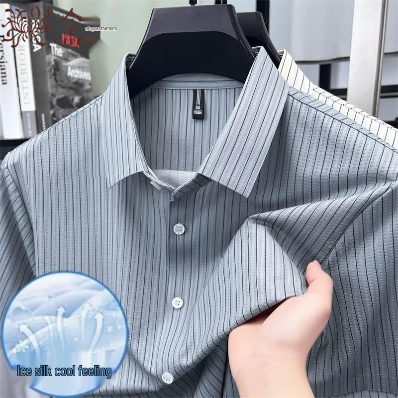 Jinjuan Men s Premium Ice Silk Short-Sleeve Striped Shirt 185