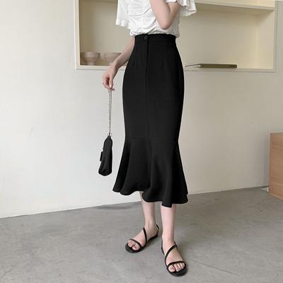 Ruffled Fishtail Skirt for Women Spring Elegant A-line High Waist Mid-length Skirt Black Vintage Style Female Clothing