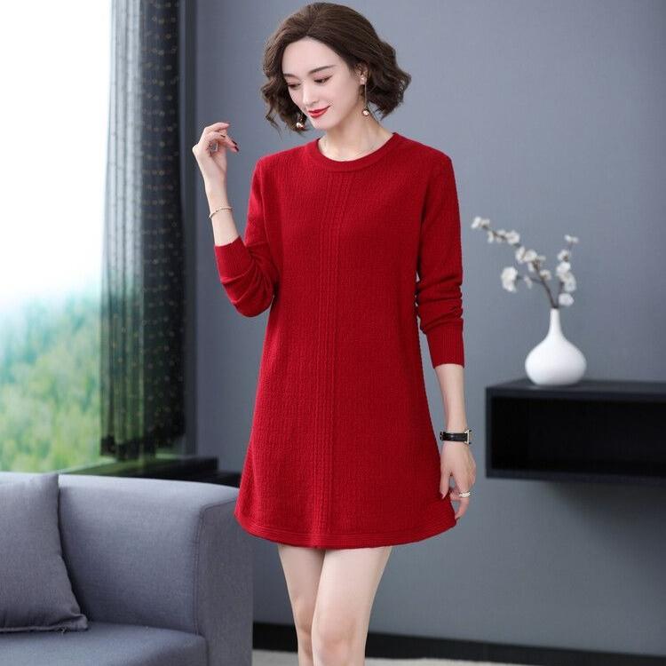 Mid-length Sweater Dress Solid Color Loose Knitted Sweater for Women Casual Long-sleeved Pullover Autumn and Winter