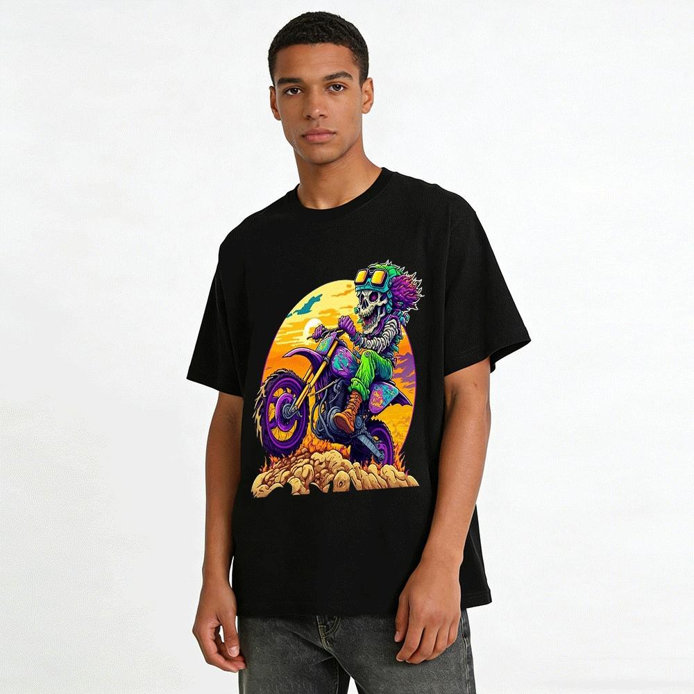Skeleton Motocross Cool Motorcycle Graphic Print Short Sleeve T-Shirt Pure cotton T-shirt