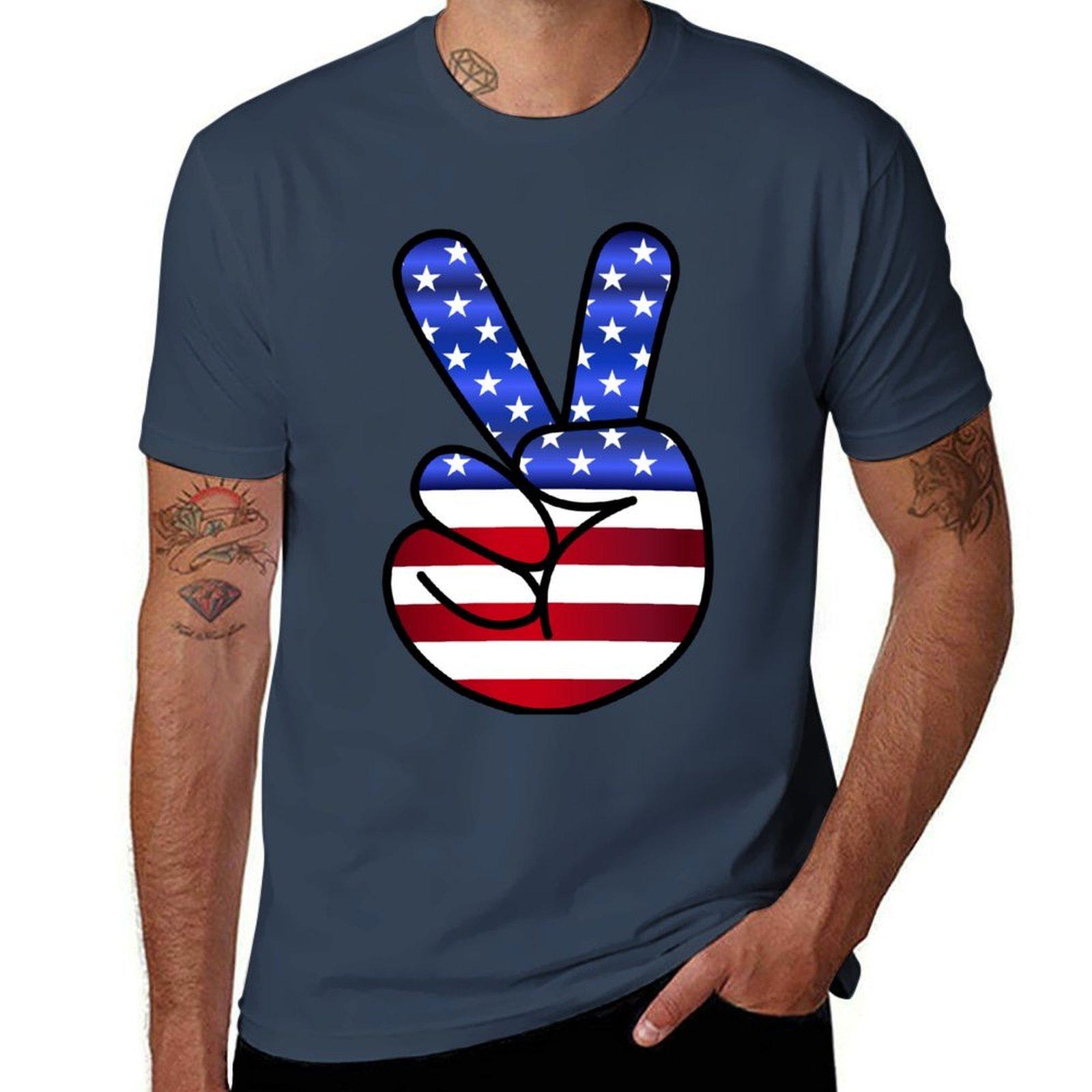 US Flag Peace Hand Sign TShirt Relaxed Casual Short Sleeve Tee S