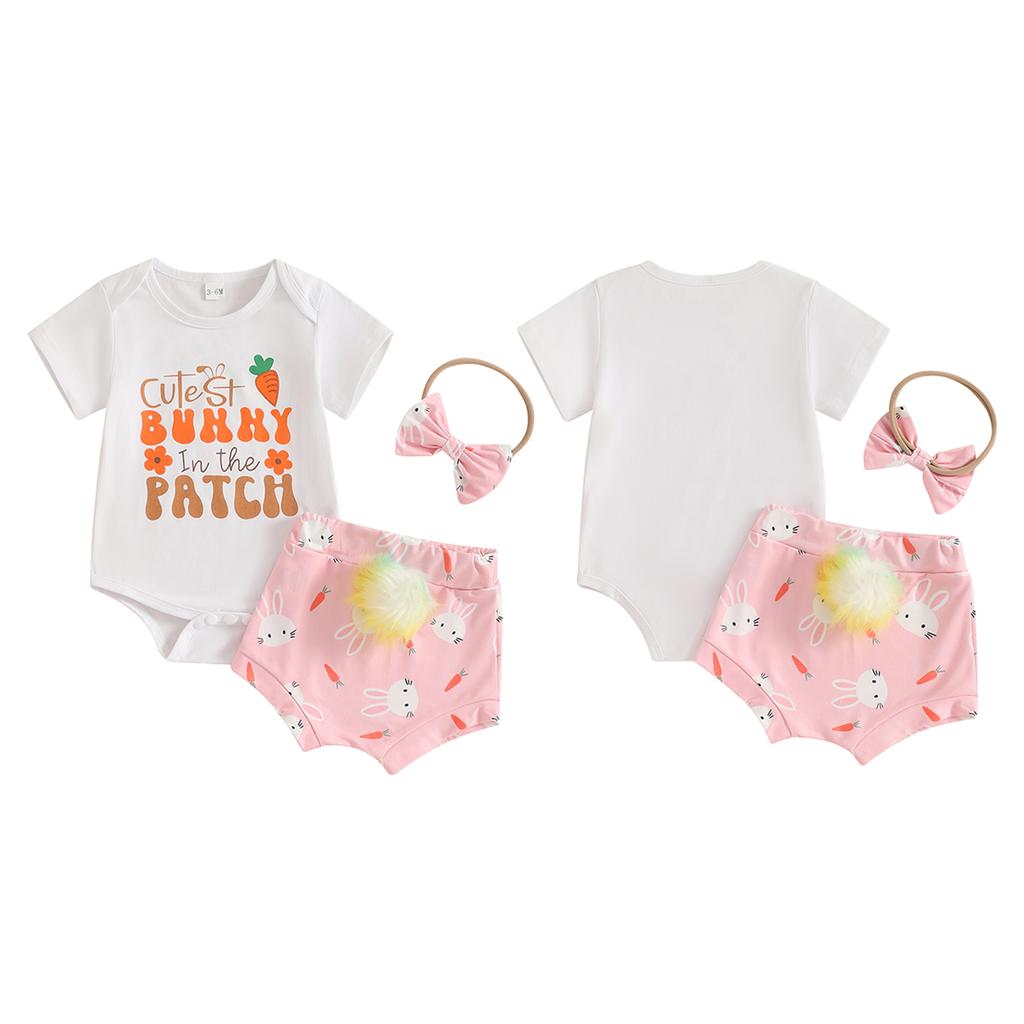 Baby Mädchen Oster-Outfits Hasenohren/Buchstaben-Print Rundhals Kurzarm Strampler Shorts Stirnband 3-teiliges Kleidungsset