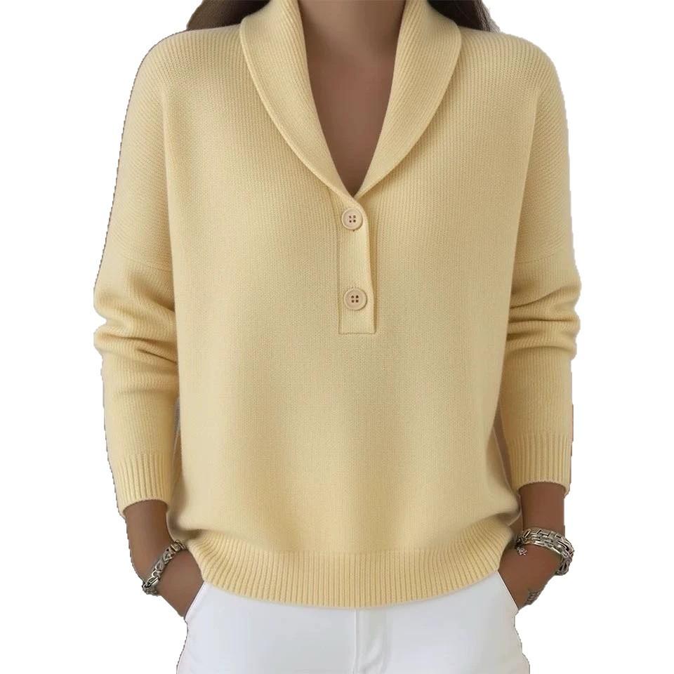 Women Shawl Collar Button Front Knit Sweater Long Sleeve Ribbed Trim Pullover Top