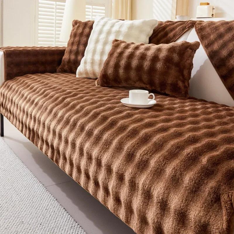 Luxury Flannel Sofa Cover Non-slip Solid Color Sofa Cushion Winter Warm Plush Couch Cover for Living Room Armrest Backrest Towel
