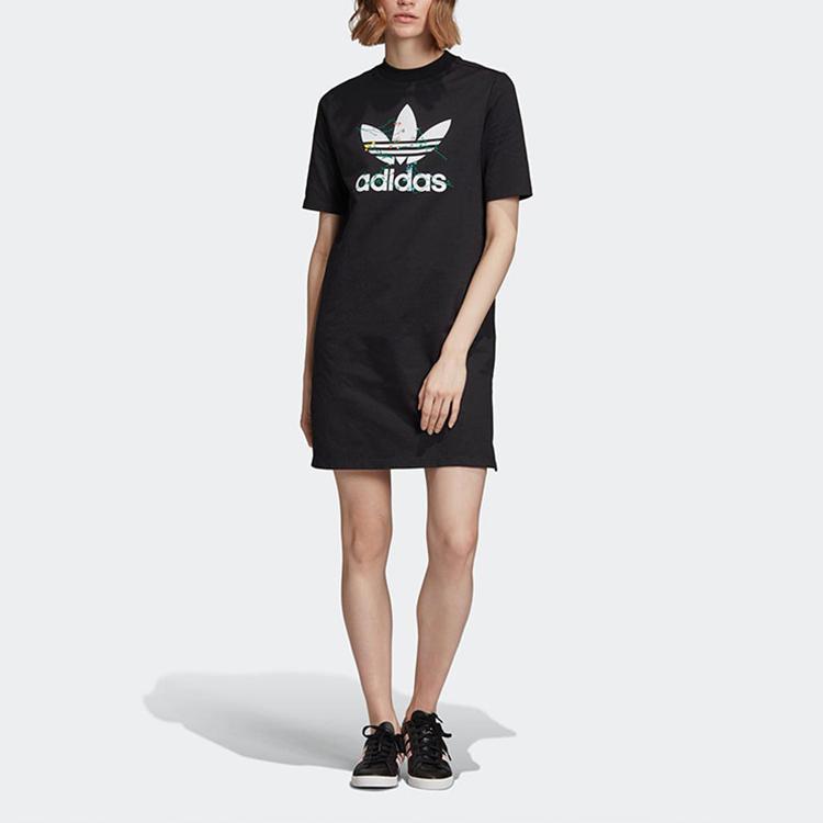 Adidas Originals Trefoil Logo Print Comfortable Sports Round Neck Pullover Short Sleeve Dress Women dress Black FL0037
